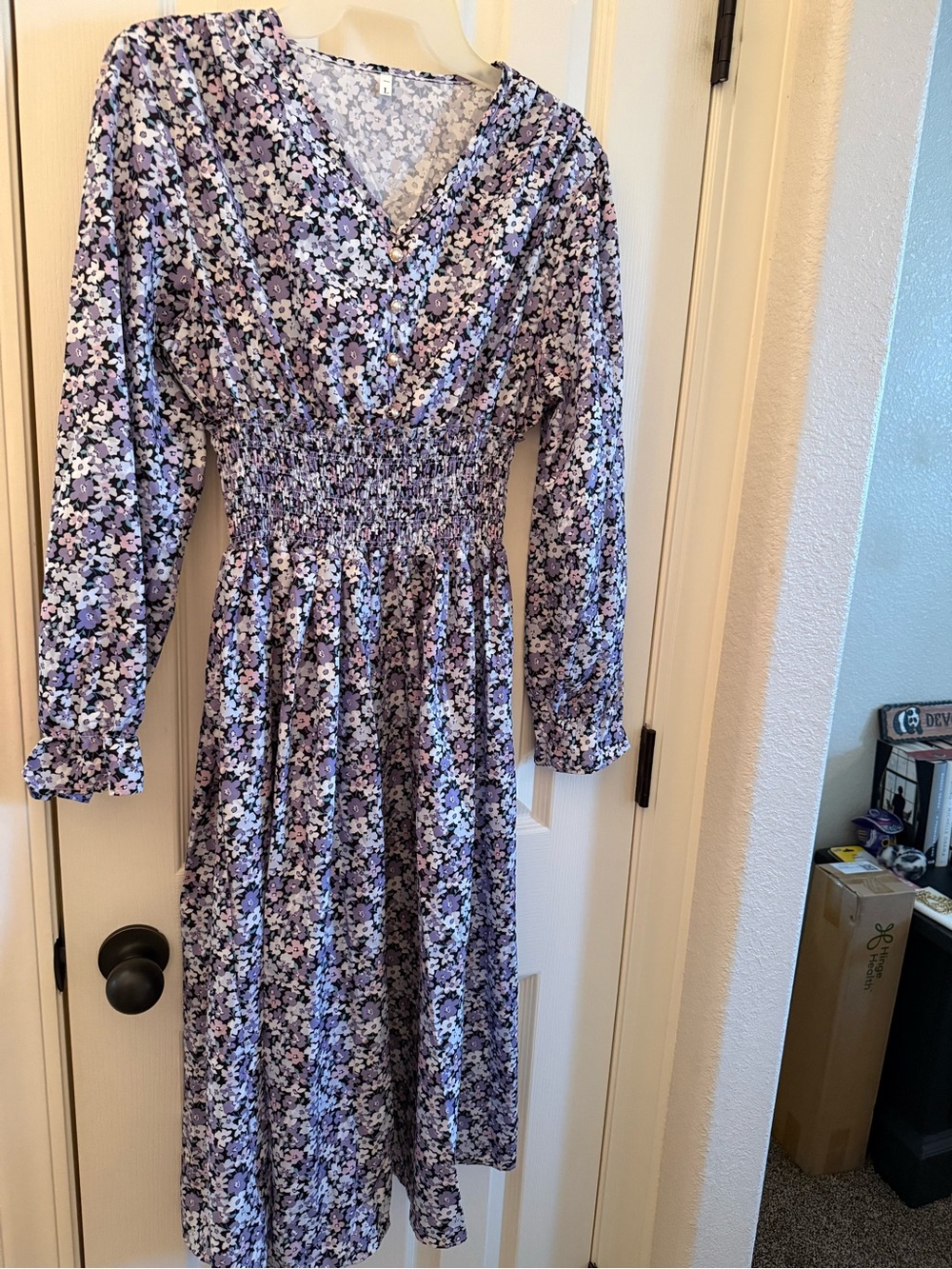 SHEIN Lavender Floral Smocked-Waist Long Sleeve Midi Dress